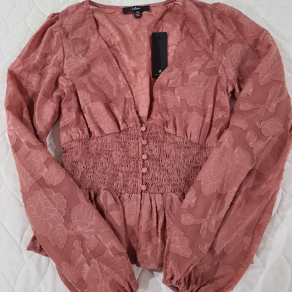 Lulu's Dusty Rose Floral Textured Smocked Waist Blouse